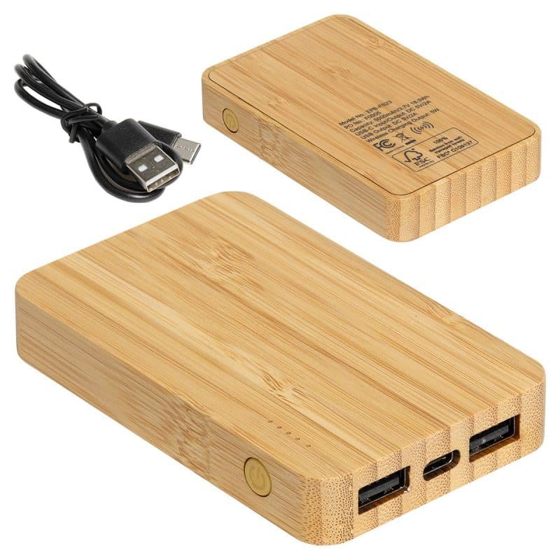 Custom FSC® Bamboo 5000mAh Dual Port Power Bank with Wireless Charger ...