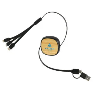 Custom Bamboo Retractable 3-in-1 Charging Cable with Dual Inputs