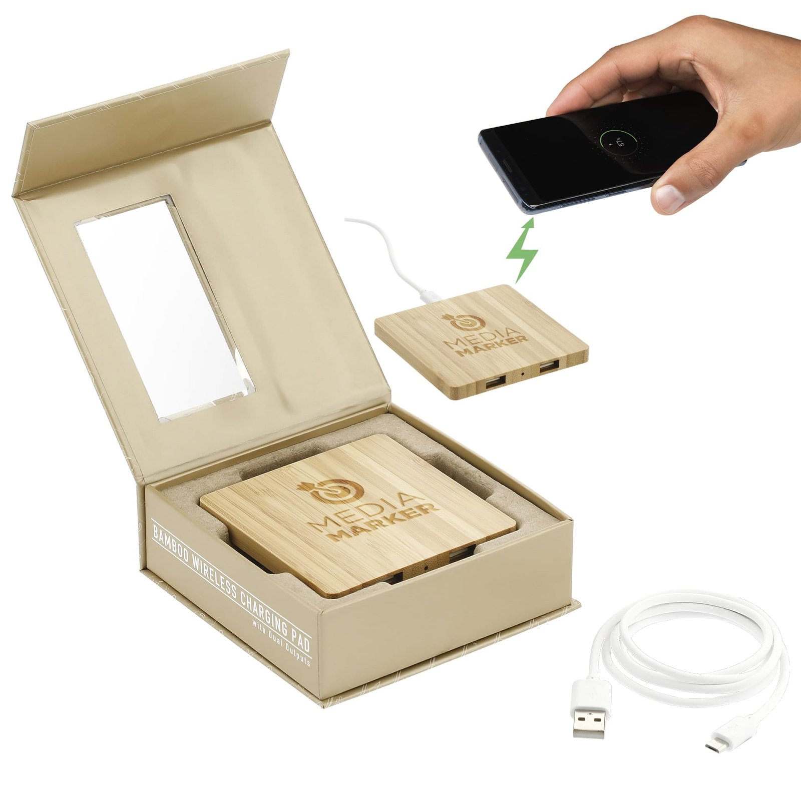 Custom FSC® 100% Bamboo Wireless Charging Pad with Dual Outputs with ...