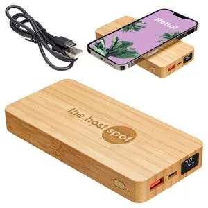 Custom Bamboo 10000mAh Dual Port Power Bank with 10W Wireless Charger