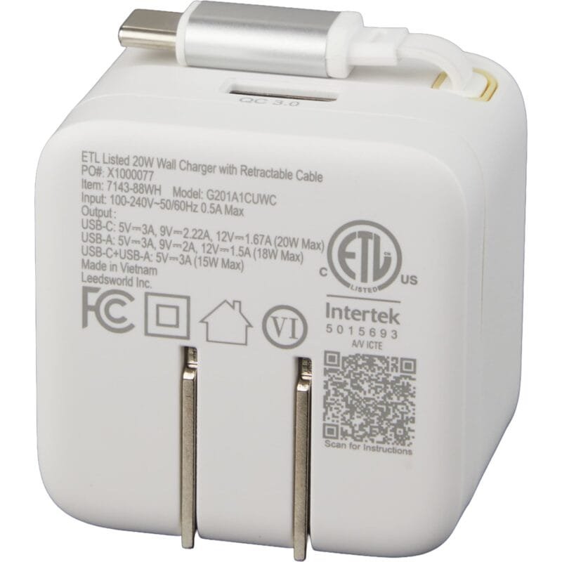Custom ETL Listed 20W Wall Charger with Retractable Cable - 7