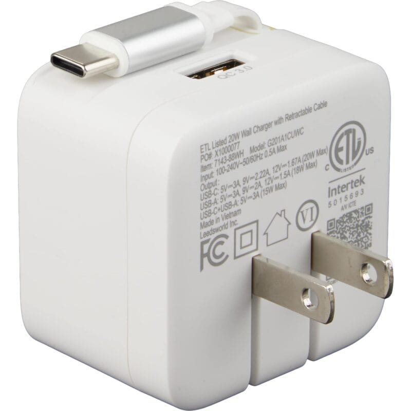 Custom ETL Listed 20W Wall Charger with Retractable Cable - 8