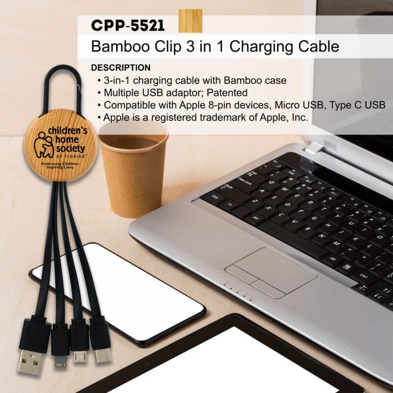 Custom Bamboo Pattern Clip 3" 1 Charging Cable - 2