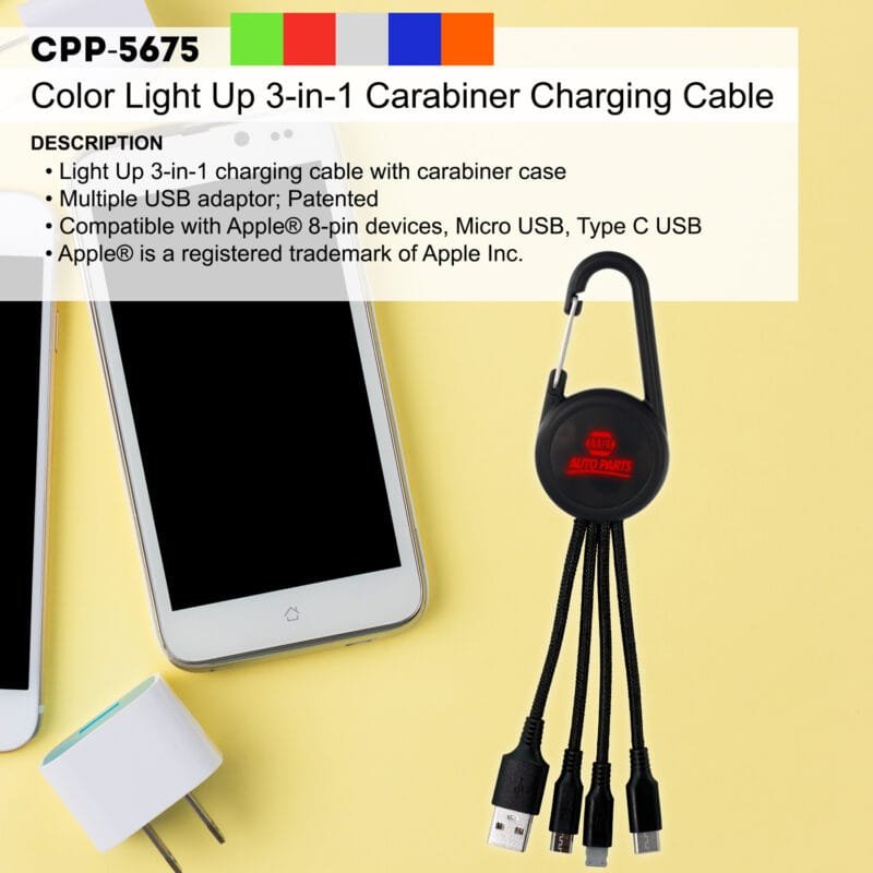 Custom Color Light Up 3-in-1 Carabiner Charging Cable - 8