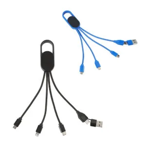 Custom Hex 6-in-1 Light-Up Charging Cable with Carabiner Clip and Recycled Casing