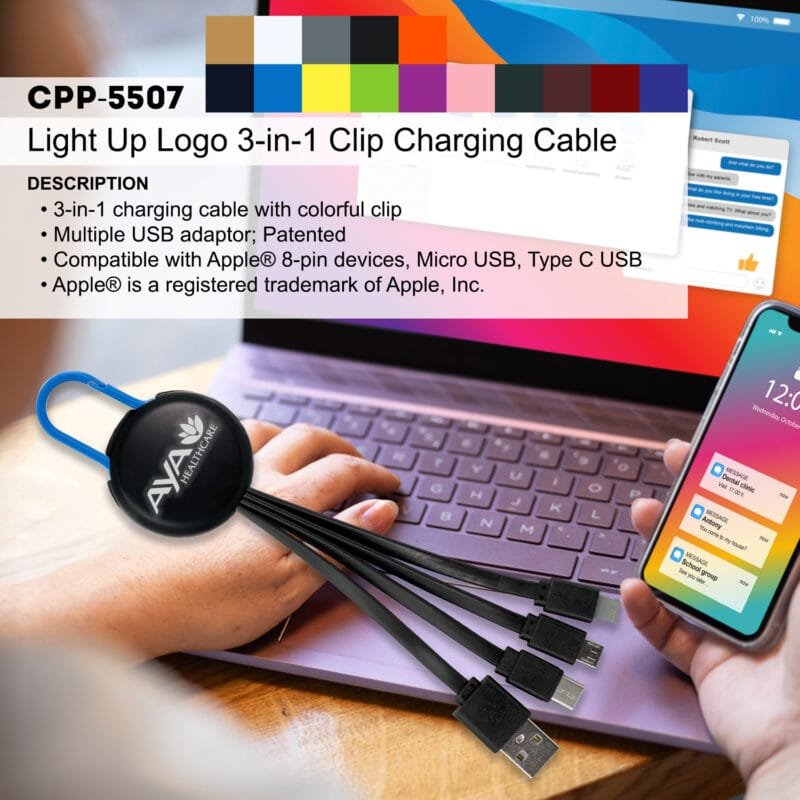 Custom Light Up Logo Clip 3" 1 Charging Cable - 2