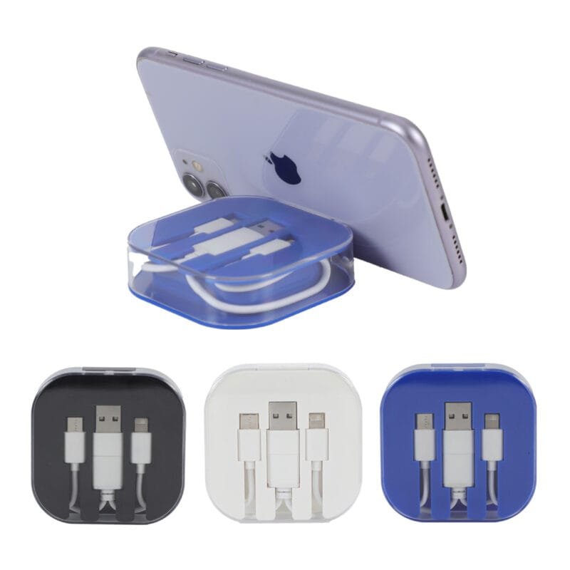 Custom Tetra 4-in-1 Charging Cable With Recycled ABS Case & Built-In Phone Stand