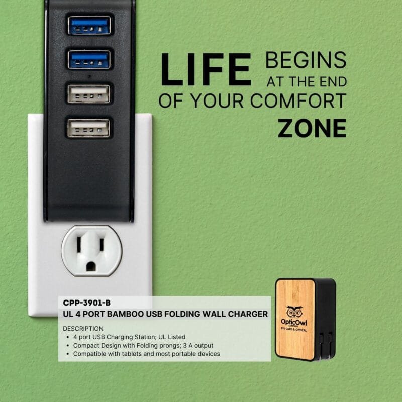 Custom UL 4 Port Bamboo USB Folding Wall Charger - 5