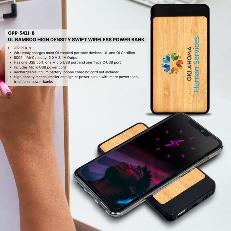 Custom UL Bamboo High Density Swift Wireless Power Bank - 5