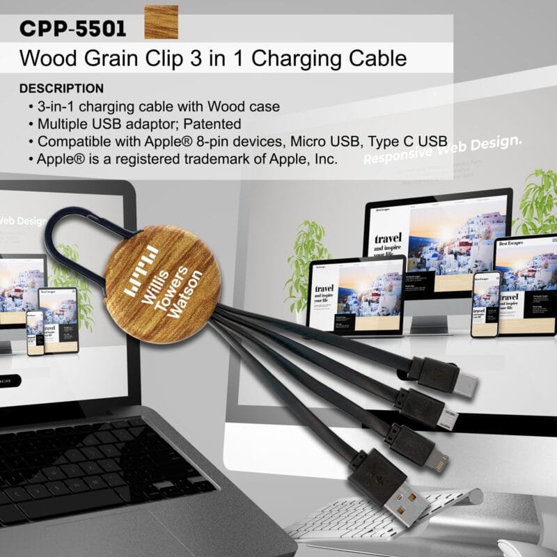 Custom Wood Grain Clip 3" 1 Charging Cable - 2