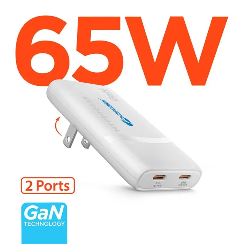 Custom HyperGear SpeedBoost 65W Dual USB-C PD Ultra-Slim GaN Laptop Charger with PPS