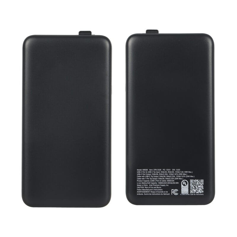 Custom Cavalier 10000mAh 20W PD UL Listed Power Bank with Retractable Charging Cab - 1