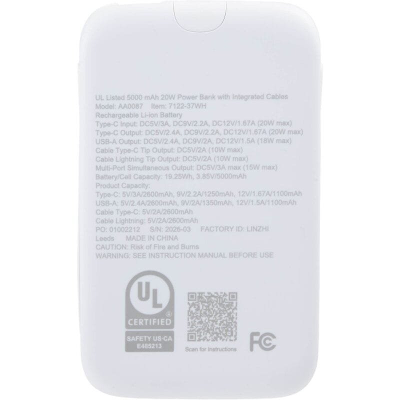 Custom UL Listed 5000 20W Power Bank with Integrated Cabl - 6