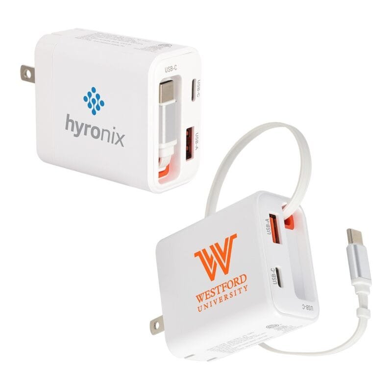 Custom Zip ETL-Listed 20W PD Dual Port Wall Charger With Retractable USB-C Cable