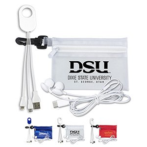 Custom "Cambell" Mobile Tech Earbud and Charging Cables Kit In Translucent Carabiner Zipper Pouch