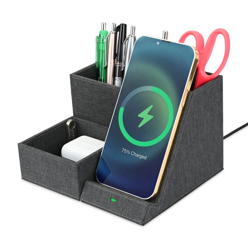 Custom Eden Recycled rPET Wireless Charging Desk Organizer - Charcoal Heather - 2
